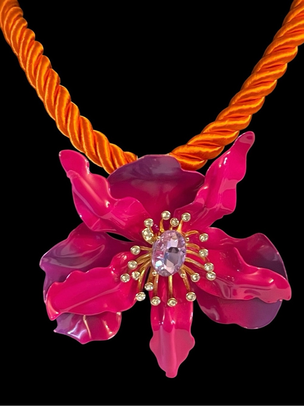 Betsey Johnson Orange Rope Necklace with Hot Pink Floral Pendant - Picture 3 of 16